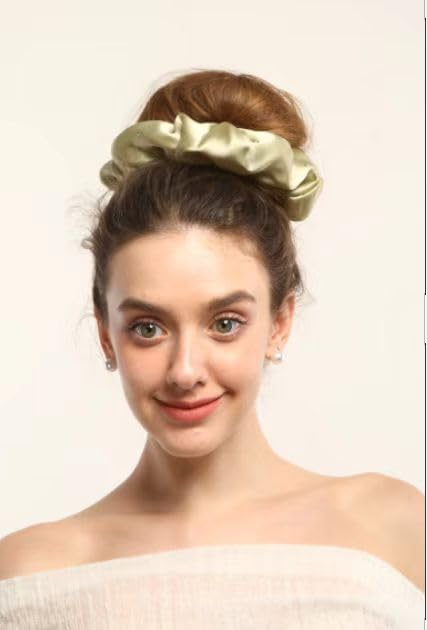 100% Mulberry Silk Scrunchies for Women Ponytail Holders – Plus Rhinestone-Embellished Design for Curly, No Damage Hair Ties for Curly, Thick, and Thin - Hair Accessories for Women Green