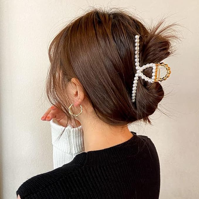 2 Pack Matte Gold and Pearl Hair Claws for Women: Large Metal Clips with Pearls for Thick Hair - Non-Slip Crab Claws and Strong Cross Barrettes