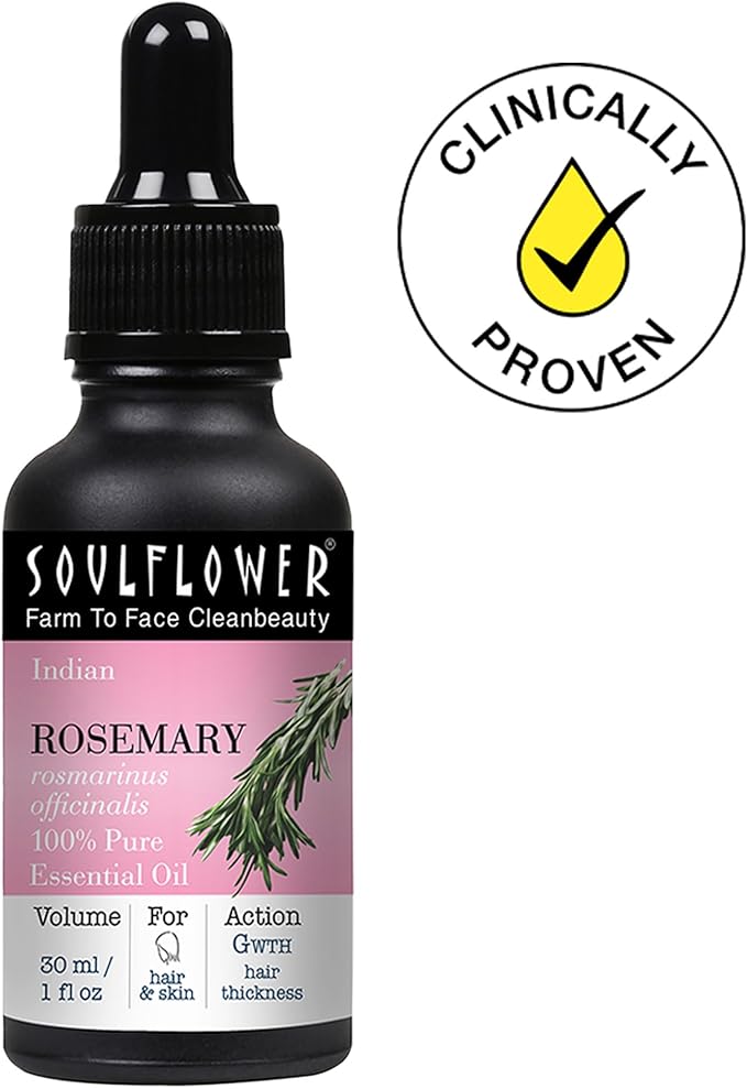 Soulflower 100% Pure Rosemary Oil for Hair Growth, Hair Fall Control, Strengthening, Volumising Hair Oil for All Types | Organic Certified (1 fl oz)
