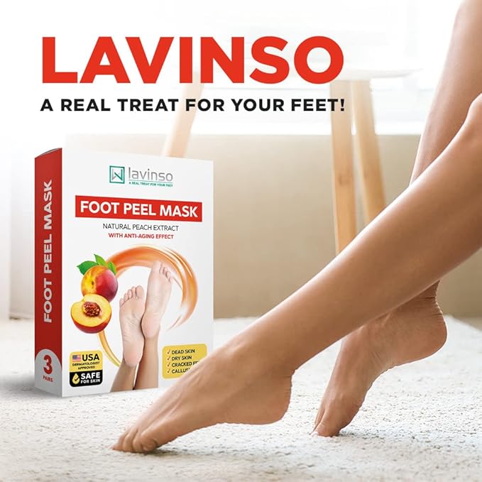 Lavinso Foot Mask that Removes Dead Skin and Callus - 3 Pack - Peach Feet Peeling Mask Extra Strength