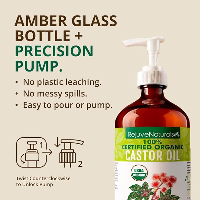 RejuveNaturals Castor Oil (16oz Glass Bottle) USDA Certified Organic, 100% Pure, Cold Pressed, Hexane Free. Boost Hair Growth for Thicker, Fuller Hair, Lashes & Eyebrows.
