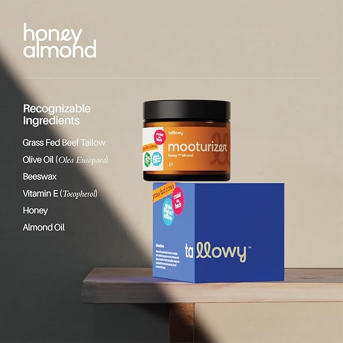 100% Grass-Fed Beef Tallow Balm for Skin β Non-Toxic Whipped Moisturizer for Face & Body β Soothes Dry, Sensitive Skin & Eczema β Honey Almond (4 oz)