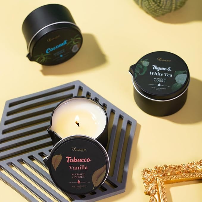 Massage Oil Candle 3 Pack,Coconut Oil Based-Daily Moisturizing Body Oil Relaxing-Natural Therapy Oil Scented Candle-6.9OZ (Coconut, Tobacco Vanilla, Thyme & White Tea)