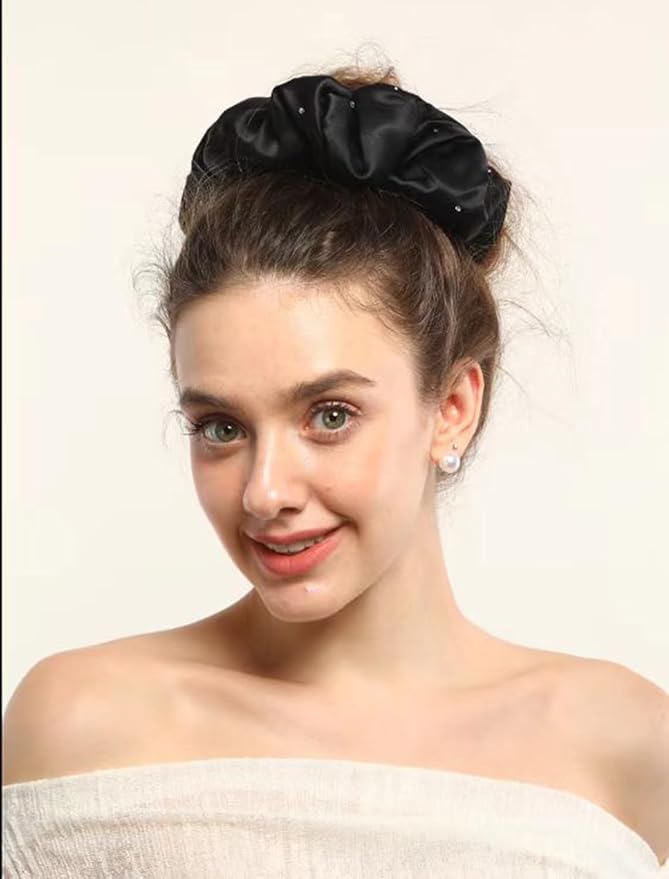 100% Mulberry Silk Scrunchies for Women Ponytail Holders – Plus Rhinestone-Embellished Design for Curly, No Damage Hair Ties for Curly, Thick, and Thin - Hair Accessories for Women (Black)