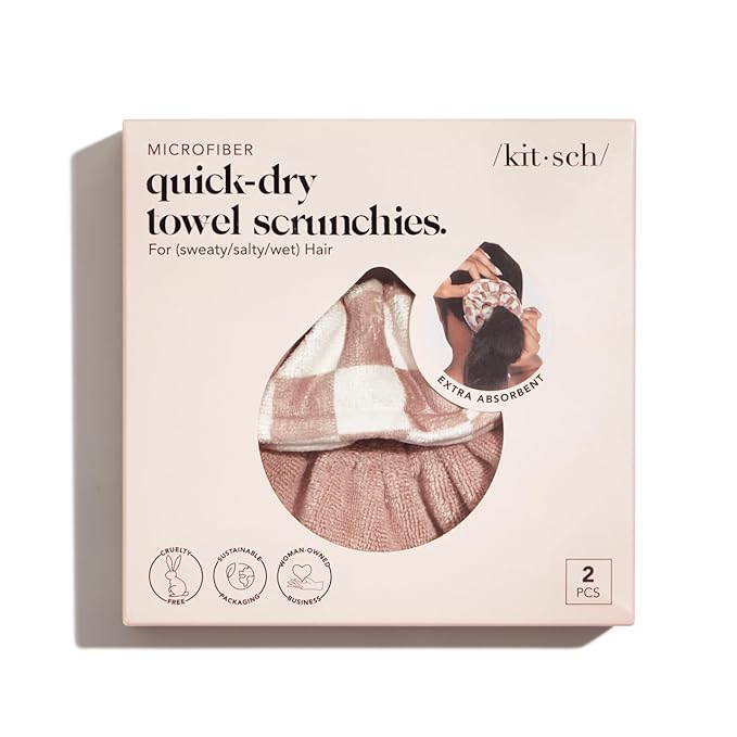 Kitsch Ultra Soft Microfiber Large Hair Ties for Women - Towel Scrunchies for Wet Hair, 2 Count - Terracotta Checker