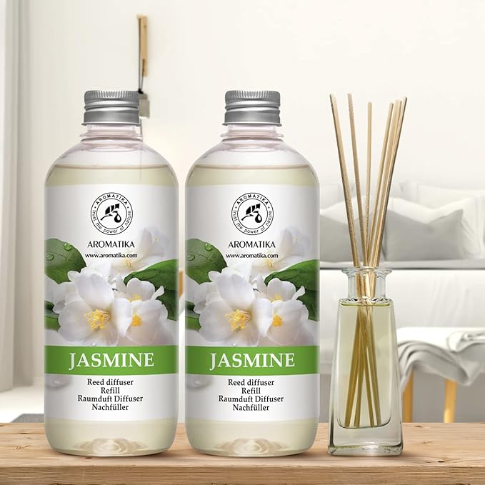 Reed Diffuser Refill With Jasmine Essential Oil 34 Fl Oz - 2x500ml - Fragrance Oil - Room Freshener - Floral Fragrance - Fresh and Long Lasting