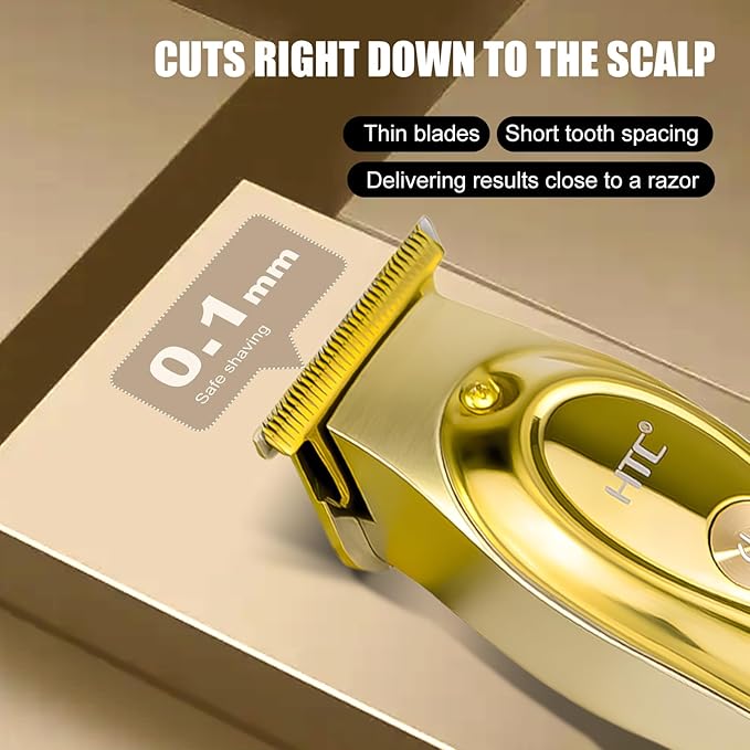 HTC Hair Clippers – Professional Cordless Rechargeable Hair Trimmer with Precision, Adjustable Speeds, and LED Display (Gold)