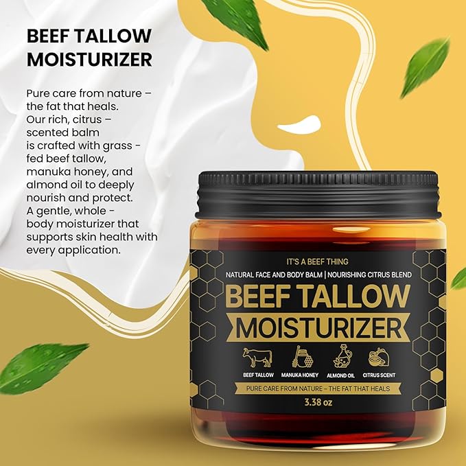 100% Grass-Fed Beef Tallow Balm with Manuka Honey, Almond Oil & Light Citrus Scent – Organic Whipped Moisturizer for Hydrating Face, Body & Dry Skin (3.38oz)