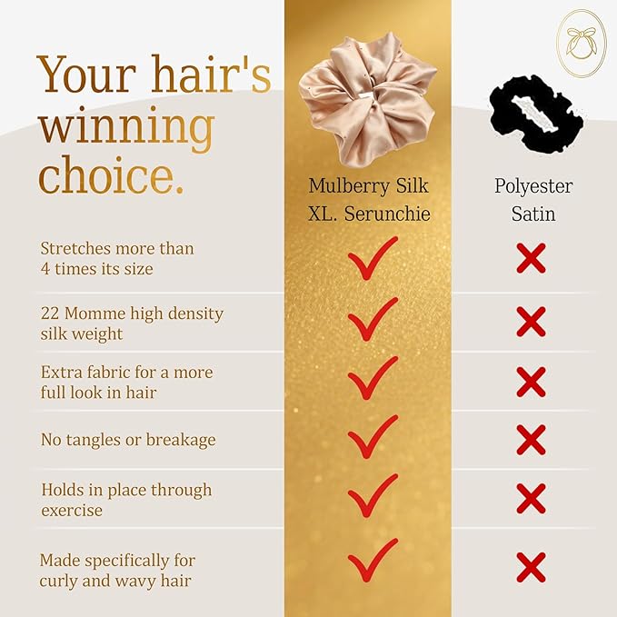 100% Mulberry Silk Scrunchies for Women Ponytail Holders – Plus Rhinestone-Embellished Design for Curly, No Damage Hair Ties for Curly, Thick, and Thin - Hair Accessories for Women (Champagne)