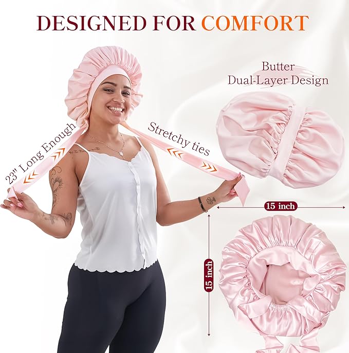 Silk Satin Bonnet Hair Wrap for Sleeping Women, Adjustable Tie Band Double Layer Sleep Night Head Cover for Curly Braid Fine
