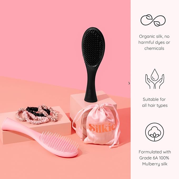 SILKIE x4 Set 100% Pure Mulberry Silk Pink Nude Neutral Skinny Scrunchies Travel Pouch Everyday Hair Ties Elastics Hair Care Ponytail Holder No Damage (Nudes)