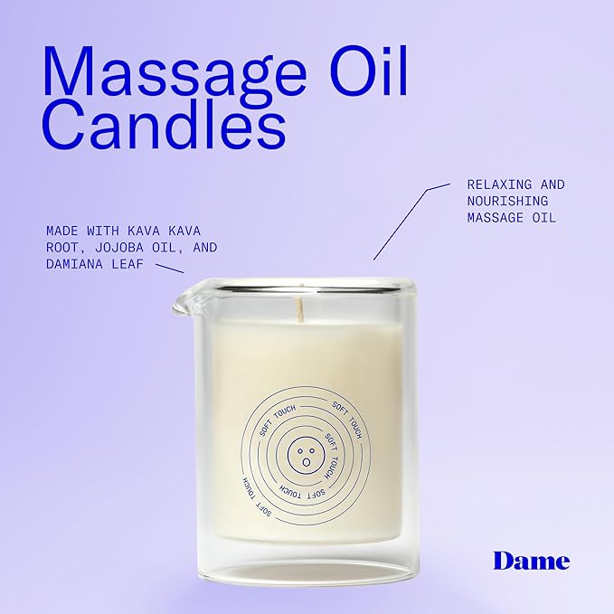 Dame Products Soft Touch Massage Oil Candle, Body Oil Candle for Warm Body Massage & Skin Moisturizing, Spa Inspired Aromatherapy Candle, Benzoin Guaiac Wood Sandalwood Scent, 5 Oz