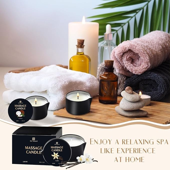 3 Pack Massage Oil Candles 2.35oz Low Temp Massage Candle Wax 3 Scent Vanilla, White Tea, Coconut Spa Therapy Body Oil Christmas Valentine's Day Gifts for Relaxation, Couples, or Self-Care