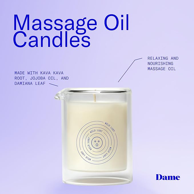 Dame Products Massage Oil Candle - Plant Based Skin & Body Candle for Sensual Massage, Moisturizing & Relaxing Aromatherapy Candle with Kava Kava - Skin Safe - Wild Lust Scent