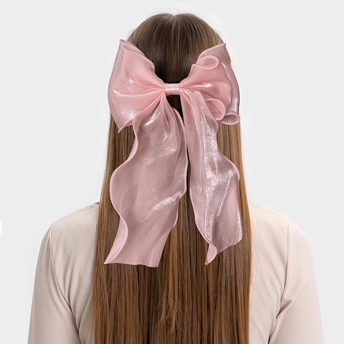 2Pcs Large Hair Bow Clips, Pink Silk Lace Ribbon Bow for Women, Elegant Long Tail Bowknot French Hair Styling Barrette for Wedding, Parties, Daily Use