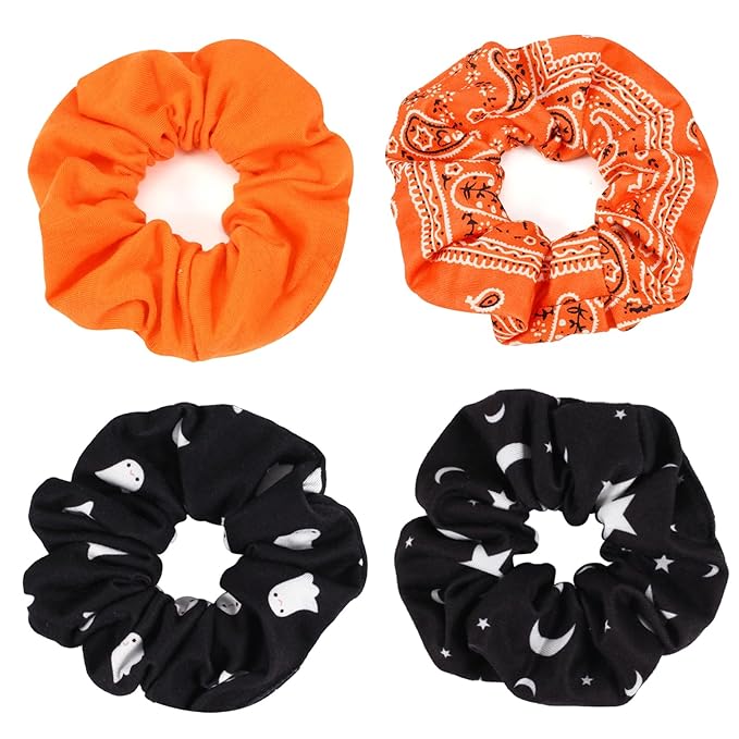 Halloween Hair Scrunchies Cute Ghosts Moon Star Hair Ties Fall Orange Bandana Scrunchy Elastics Hair Bands Gifts Ponytail Holder Hair Accessories for Women Girls