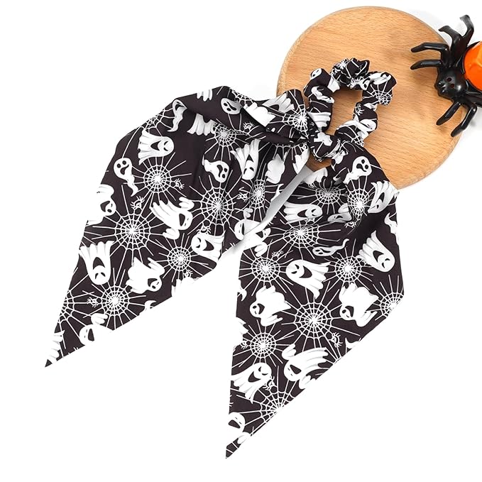 Halloween Hair Ties for Women Girls Spooky Ghost Spider Web Hair Scrunchies Black White Hair Tie Ribbon Hair Bows Halloween Party Gifts Hair Accessories