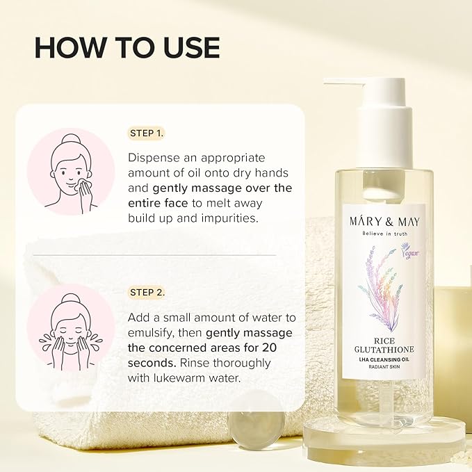 Mary&May Rice + Glutathione LHA Cleansing Oil | Daily Makeup Remover | Removes Impurities, Sebum & Clogged Pores | Double Cleanse | Gentle Exfoliation for Sensitive Skin | Korean Skincare | 6.76 fl oz