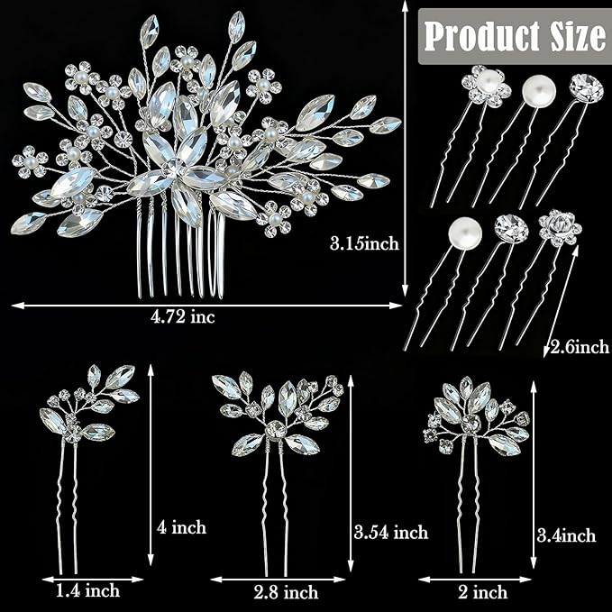 10 pcs Wedding Hair Accessories Bridal Hair Pins Silver Rhinestone with Pearls Hair Pieces for Brides Women Girls (Silver A)