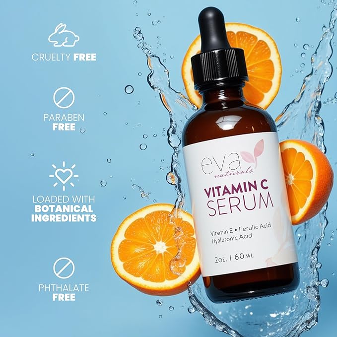Eva Naturals Vitamin C Serum for Face - 20% Vit C with Hyaluronic Acid, Ferulic Acid & Vitamin E - Facial Serum for Dark Spots, Acne, Anti Aging, Glow & Even Skin Tone, 2 Fl Oz