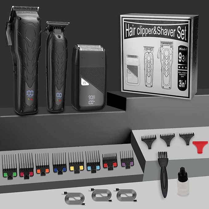 Hair Clippers for Men Professional, 7500Rpm Beard Trimmer, IPX6 Waterproof Electric Shavers 3 in 1 Hair Cutting Kit for Men, Cordless Barber Clipper Set with LED Display for Mens Gifts