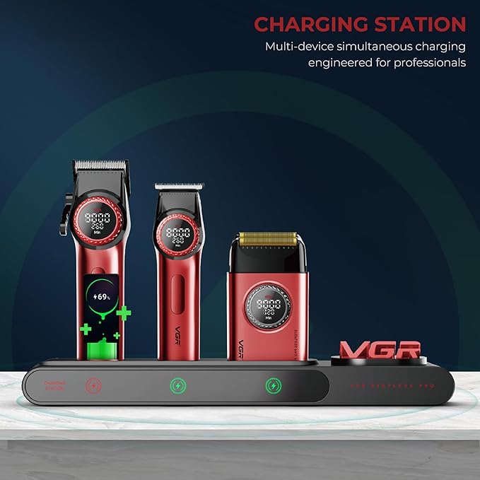 VGR 3 in 1 Professional Barber Clippers Set of Hair Clipper Trimmer Foil Shaver, Cordless Haircut Kit with Upgraded Powerful Motor, Integrated Charging Station, LED Display, Storage Box, Red