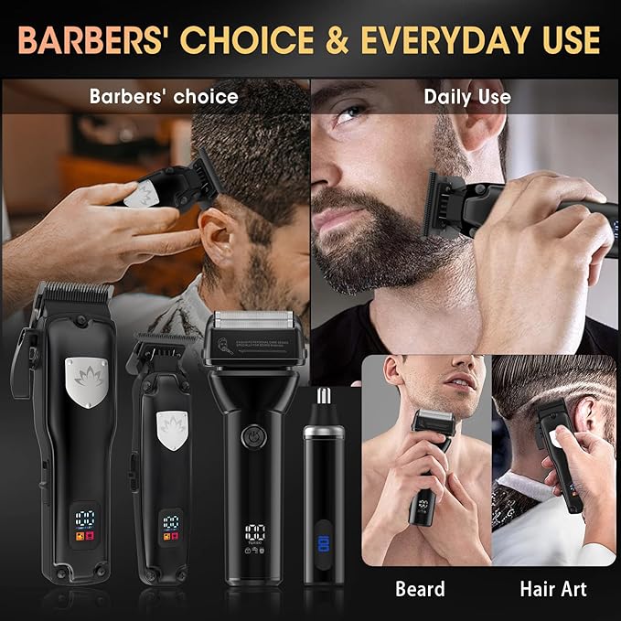 Professional Hair Clippers for Men, Cordless Hair Clippers T-Blade Trimmer Nose Hair Trimmer Electric Shaver Set, Haircut Grooming Kit with LED Display, for Barber, Ideal Gift for Him