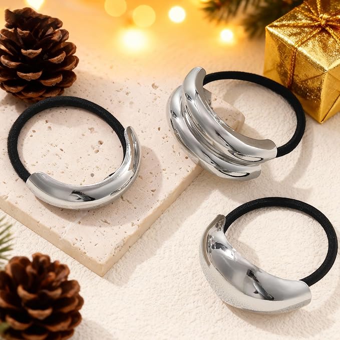 3PCS Silver Hair Ties, Metal Hair Ties for Thick Hair, Elegant Durable Geometric Design, Silver Hair Accessories Stretchy and Non-Damage Ponytail Holders, 3 Styles in Box Gifts Holiday Christmas Gifts
