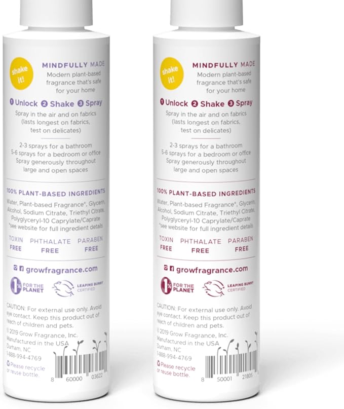 Grow Fragrance Scented Fabric and Room Air Freshener Spray - Certified Non-Toxic, 100% Plant-Based Essential Oils - 5 oz (Lavender Blossom + Black Currant Rose 2-Count)