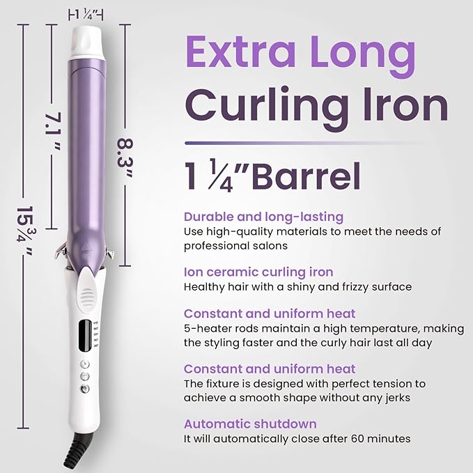 1.25 Inch Ceramic Curling Iron - Long Barrel Fast Heating Curling Wand, Dual Voltage 110-240V Travel,5 Adjustable Heat Settings & Automatic Shut-Off, Professional Hair Curler for Long-Lasting Curls