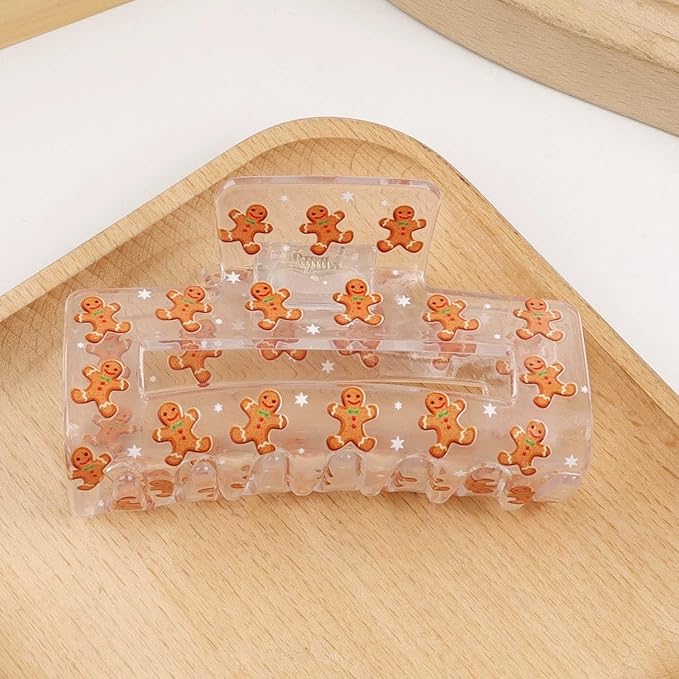 Christmas Hair Clip, Christmas Cute Gingerbread Man Claw Clips, Rectangular Large Hair Claw Clips for Thick/Thin Hair, Xmas Brown Gingerbread Design Medium Hairpin, Hair Accessories for Xmas