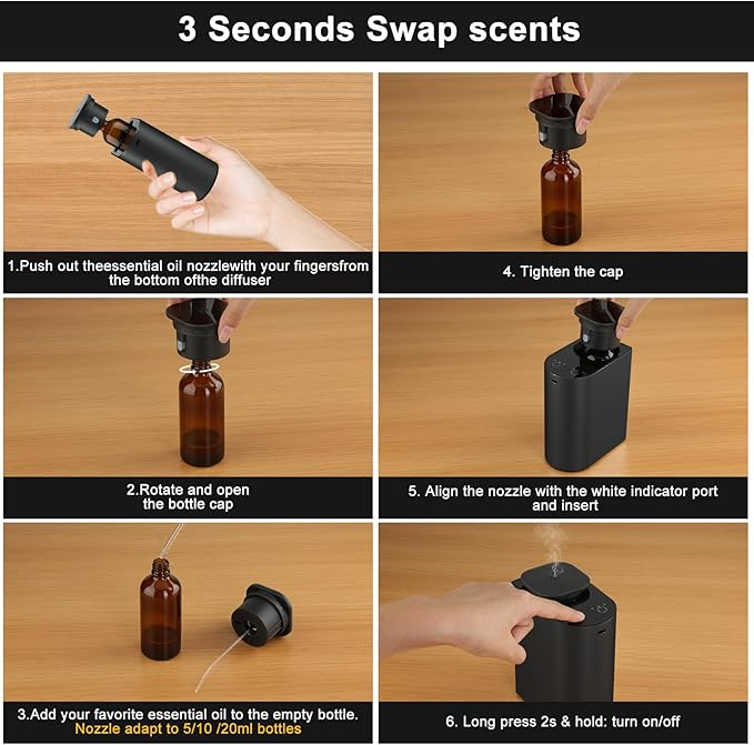 Waterless Essential Oil Diffuser,4000 mAh Large Battery, max 120ml Capacity, Suitable for Hotels, Large Rooms, Offices, bedrooms,Aluminum Alloy Desktop Scent Diffuser (Black)