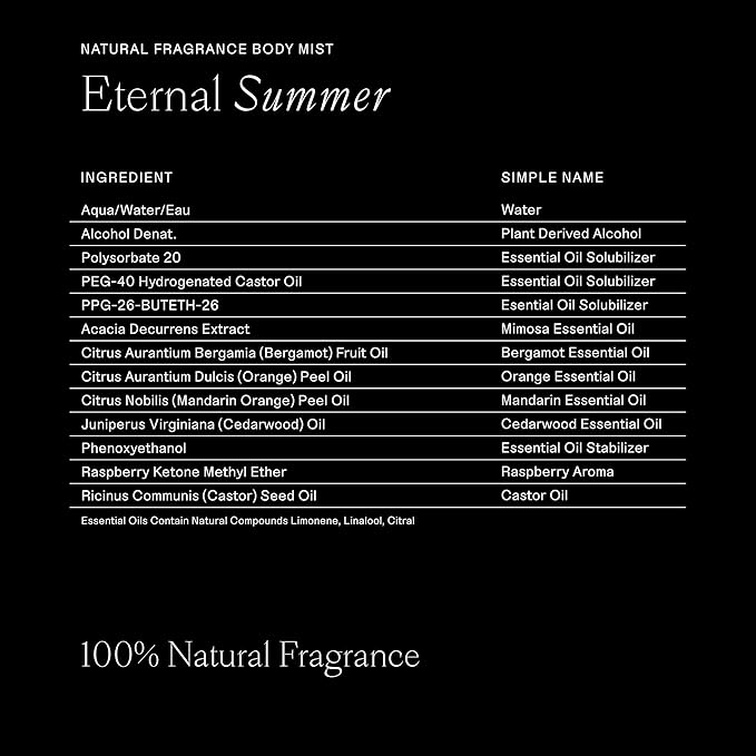 Each & Every Hair and Body Mist for Women and Men - 100% Natural Fragrance Body Spray for Women - Vegan & Cruelty-Free - Eternal Summer Scent (Coconut & Lime)