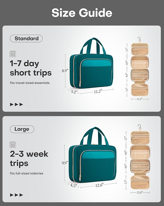 HOTOR Travel Toiletry Bag for Women & Men, Waterproof Makeup Bag with Hanging Hook and Multiple Pockets, Cosmetic Bags for Women, Travel Essentials, 11.2'' x 3.2'' x 8.9'', Teal