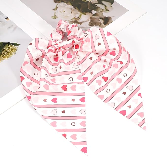 Valentine's Day Hair Ties Pink Heart Stripes Hair Scrunchies for Women Teen Girls Elastic Love Hair Tie Ribbon Valentine's Day Hair Bows Hair Accessories Gifts