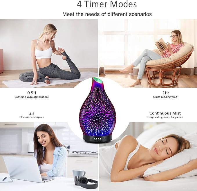 Essential Oil Diffuser 120ML -3D Firework Glass Aromatherapy Diffusers for Essential Oils with 4 Timer Setting Auto Shut-Off Silent Operation 7 Colors Lights Changing for Room, Office, Yoga