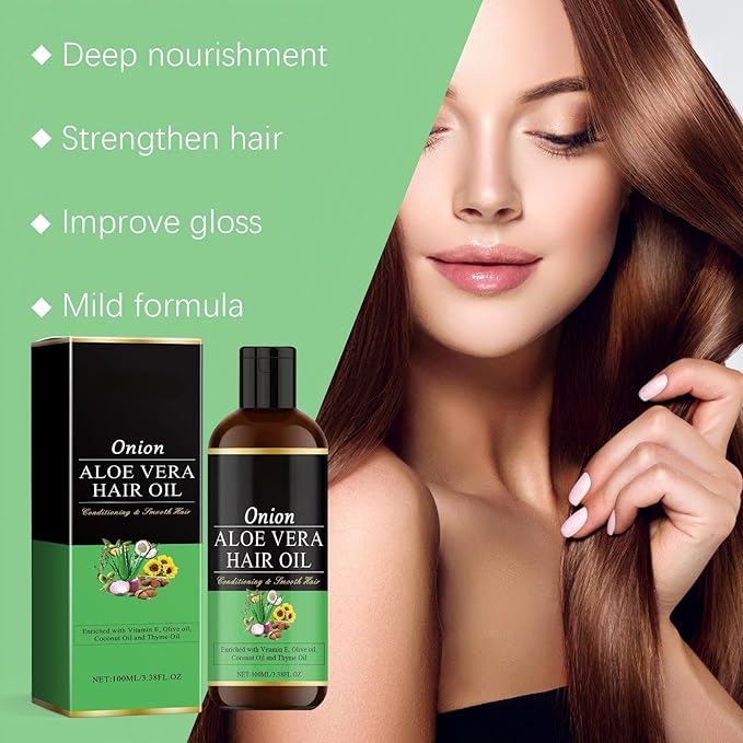 Nourishing Onion & Aloe Vera Hair Oil for Smoothing and Shine - Moisturizing Hair Treatment for Dry, Damaged Hair, Supports a Healthy-Looking Scalp and Hair Appearance (1 Pack)