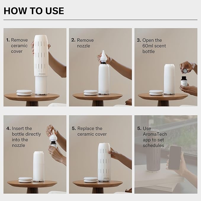 AromaTech Ambience Scent Diffuser for Essential Oil Blends & Fragrances – Waterless Scent Machine w/Bluetooth for Home, Bathroom Boutiques, Hotel, Spa – White Stone with 60 ml Oil