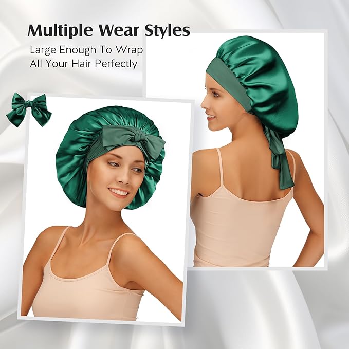 YFONG 100% 22 Momme Mulberry Silk Bonnet for Sleeping Women, Larger Double Layer Silk Hair Wrap for Curly Short Long Hair, Non-Slip Sleep Cap Turban with Elastic Tie Band for Hair Care, Green