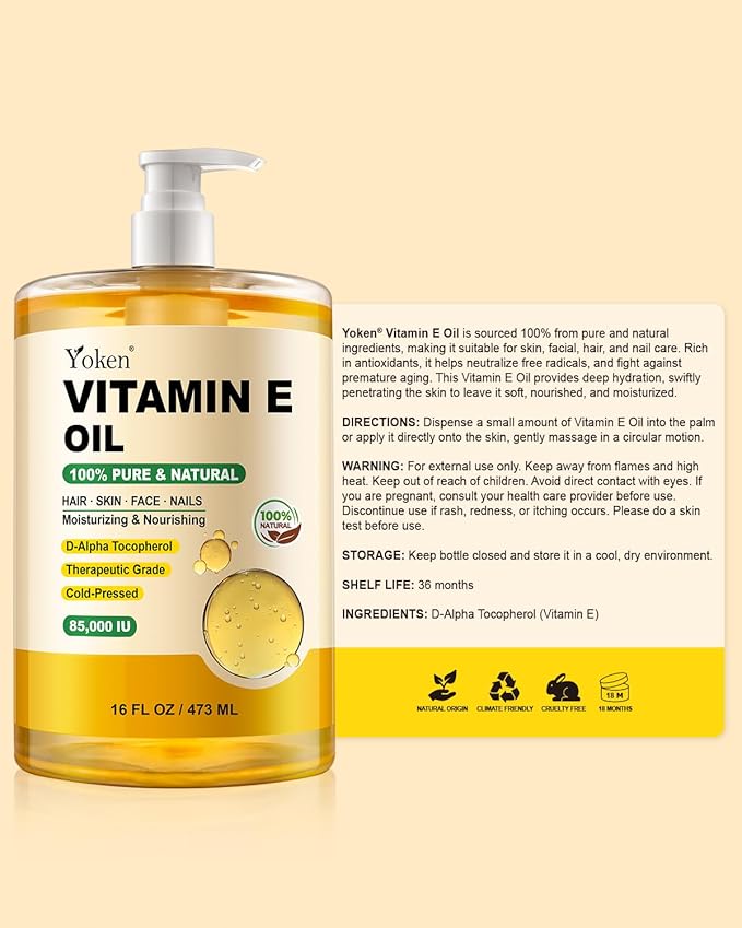Vitamin E Oil 16 Fl Oz Organic Vitamina E Oil for Skin 85,000 IU Bulk Vitamine oils for Scars Hair,Face,Nail,Cold Pressed Hexane Free Formula Liquid Perfect Scalp Care Bath and Body oils