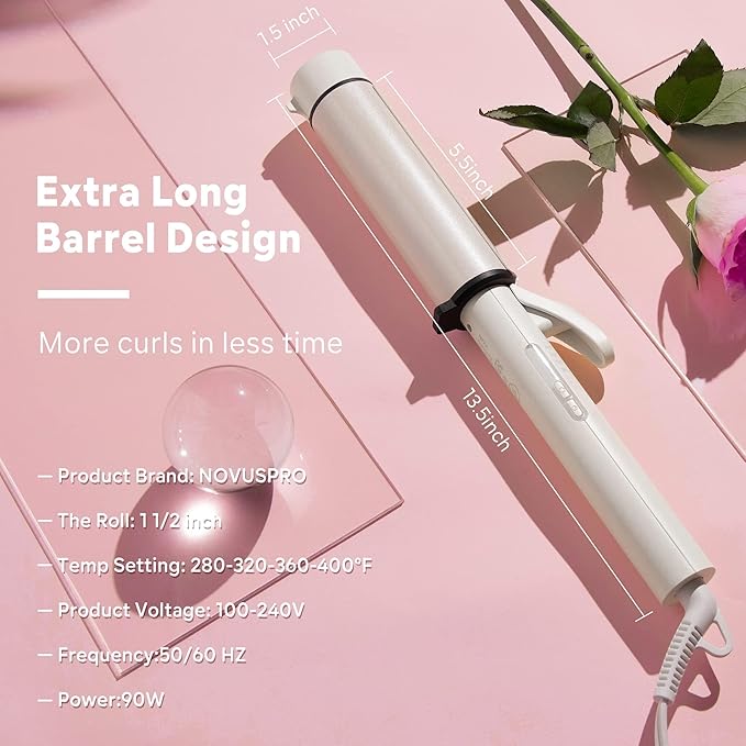 1.5 Inch Extra Large Curling Wand for Long Hair - Ceramic Tourmaline Barrel with 40000000 Negative Ions, 2 Clips & Heat-Resistant Glove