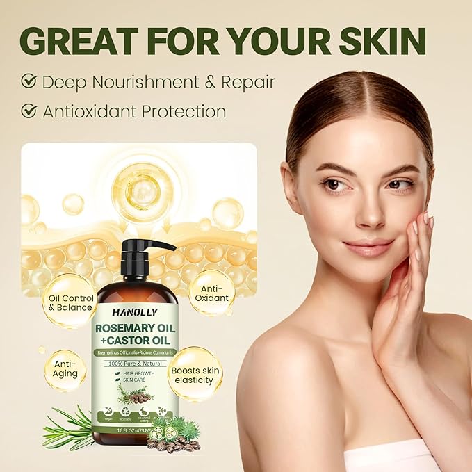 Rosemary Castor Oil for Hair Growth 16oz - 100% Pure Rosemary Oil with Castor Oil, Blend of Effective Hair Oils For Hair Growth, Hydration Scalp, Reduce Loss & Split Ends