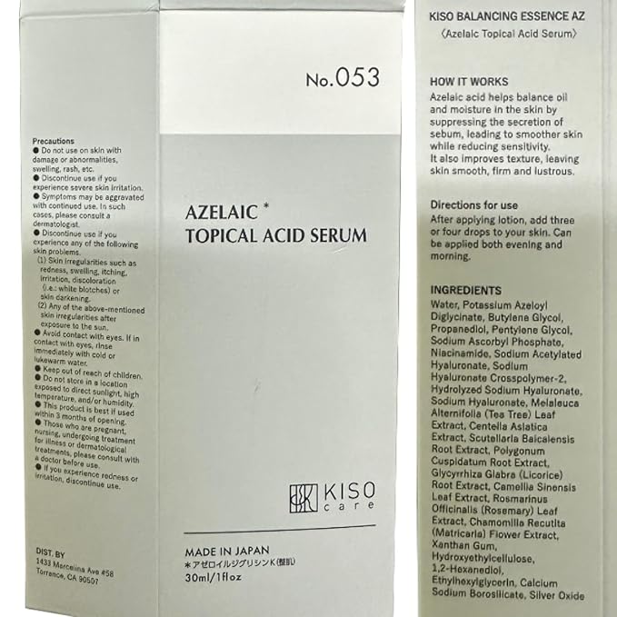 KisoCare Azelaic Acid for Face 15% Serum Niacinamide Vitamin C BALANCING ESSENCE AZ 1 Fl Oz MADE IN JAPAN