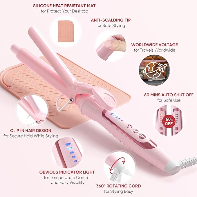 1.25 Inch Curling Iron, 5 Temperature Settings, Professional Spring Hair Iron for All Hair Types, Max 430℉ with Heat Resistant Mat (1 1/4 Inch Pink)