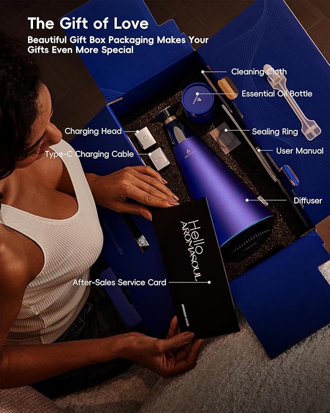 Waterless Scent Diffuser Starter Kit - 1500 Sq Ft Coverage, Alloy Atomization System,Mood Light,Smart Rechargeable Hotel Scent Diffuser, Including 120ml Essential Oil, for Home,Large Room,Spa,Blurple