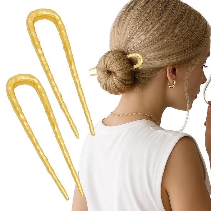 2PCS 3.8Inch French Hair Pins U-Shaped Pins for Women and Girls Fashion Metal Hair Pin French Twist Hair Pins for Buns, Updos,Stylish and Functional(set2-gold)