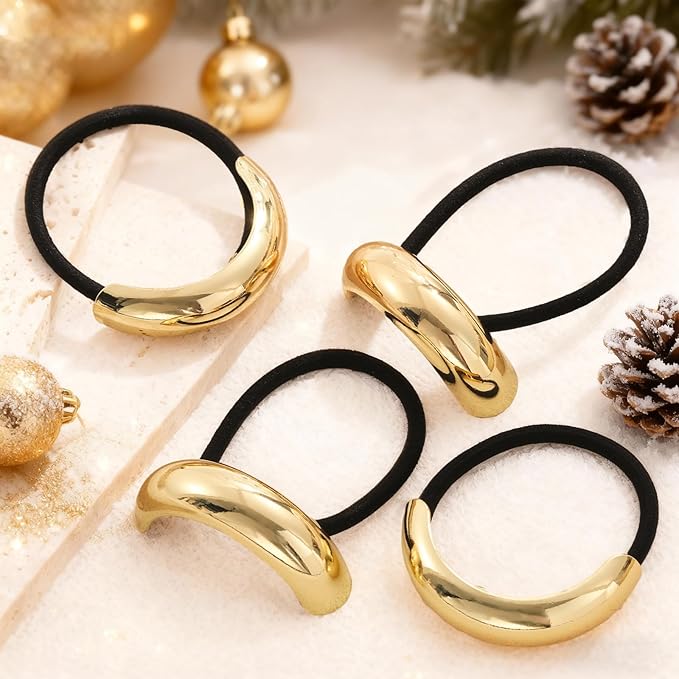 4PCS Gold Hair Ties, Metal Hair Ties for Thick Hair, Elegant Durable Round Geometric Design Hair Cuffs, Gold Hair Accessories for Women, Stretchy Non-Damage Ponytail Holders Christmas Gifts
