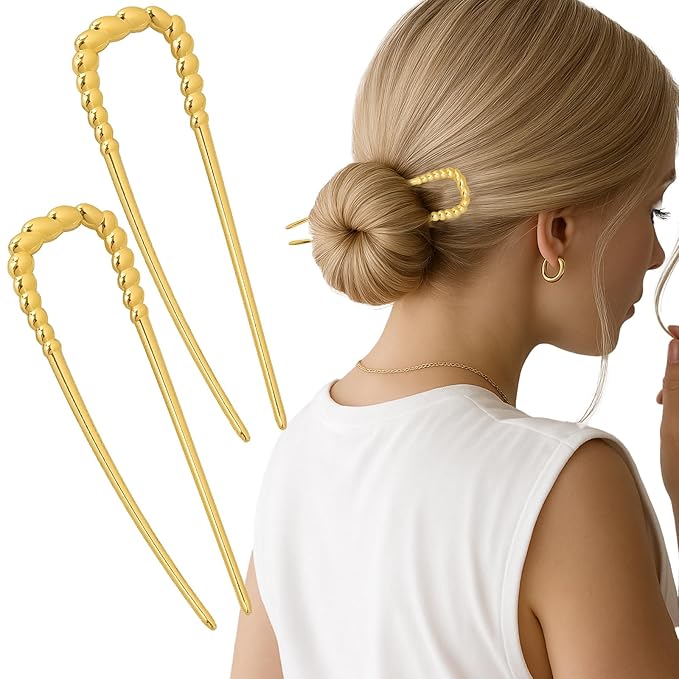 2PCS 5.5Inch French Hair Pins Large U-Shaped Pins for Women and Girls Fashion Metal Hair Pin French Twist Hair Pins for Buns, Updos,Stylish and Functional(set4-gold)