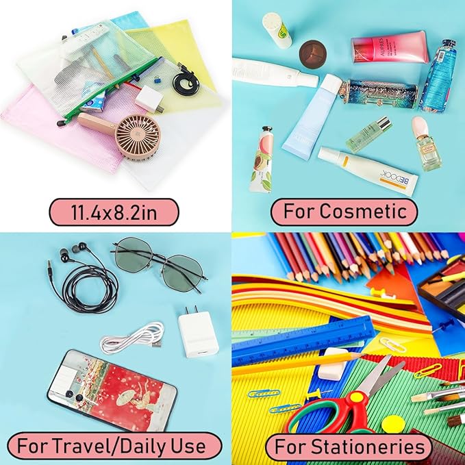 AUSTARK 10 Pcs Zipper File Bags, Waterproof Plastic Mesh Pouch for Office School, Board Game Storage Bags (B5 Size 11.4''x8.2'', Multicolored)