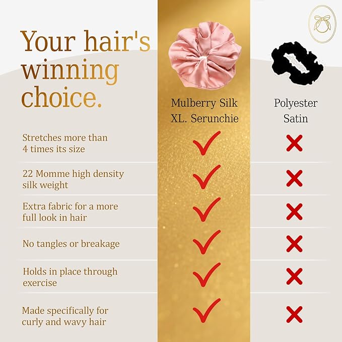100% Mulberry Silk Scrunchies for Women Ponytail Holders – Plus Rhinestone-Embellished Design for Curly, No Damage Hair Ties for Curly, Thick, and Thin - Hair Accessories for Women(Champagne Pink)